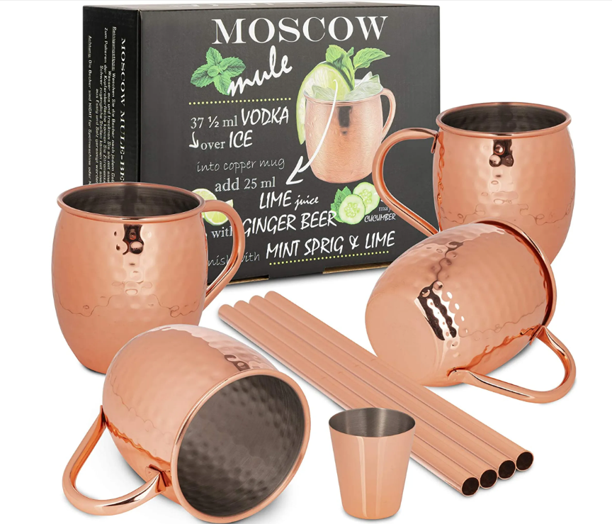 Moscow Mule Becher 4er Set | Kupferbecher für Cocktails | 4 Kupfertassen mit 480ml Fassungsvermögen